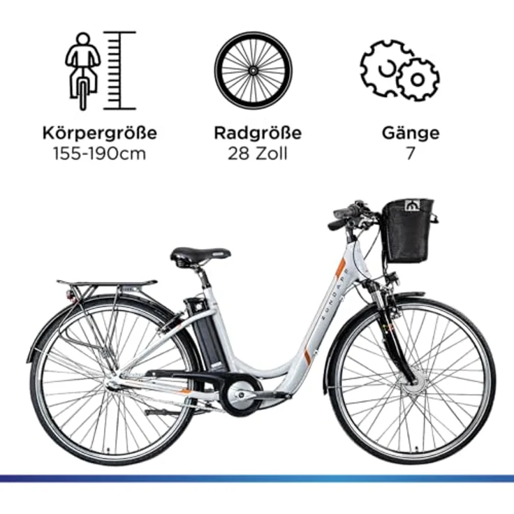 ZÜNDAPP E Bike Damen Fahrrad 28 Zoll | Ebike City Retro E-Bike 7 Gang Schaltung Rücktrittbremse | Elektro Fahrrad mit 375 Wh Akku Z517 (weiß/orange, 48 cm) – Bild 3