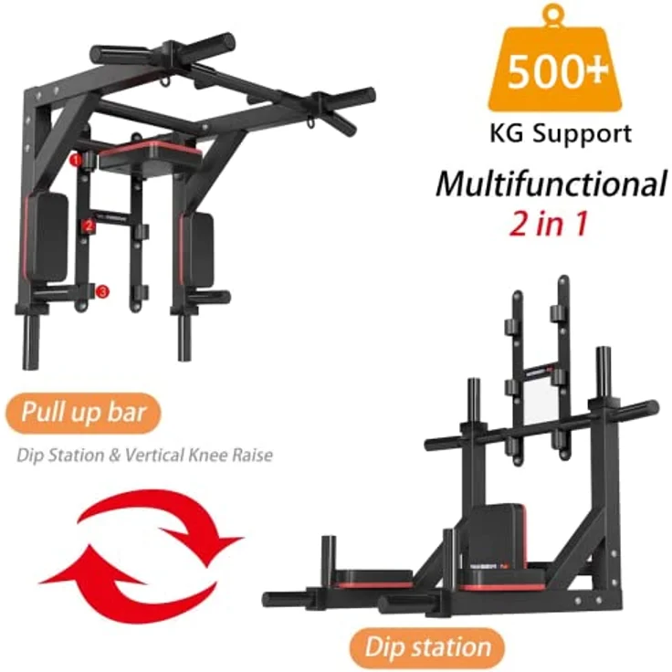 HAKENO Multifunktionelle Klimmzugstange für die Wandmontage Dip Station 2 in1 Pull Up Bar Wand Belastbarkeit bis 500kg – Bild 2
