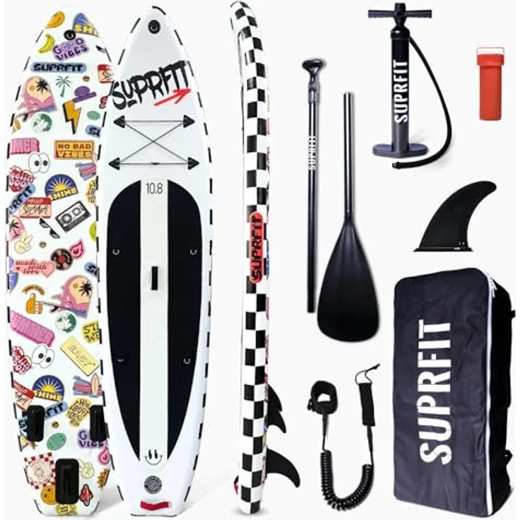 SF SUPRFIT Inflatable SUP-Board Funny Stickers, Touring Board in Weiß, All-In-One Set mit Anti-Rutsch Deckpad, belastbares Material, 330 x 79 x 15 cm