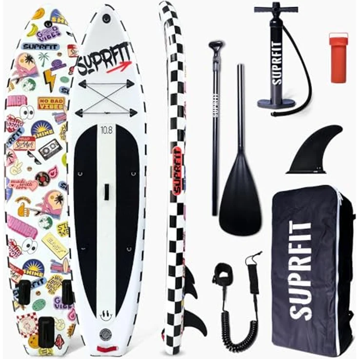 SF SUPRFIT Inflatable SUP-Board Funny Stickers, Touring Board in Weiß, All-In-One Set mit Anti-Rutsch Deckpad, belastbares Material, 330 x 79 x 15 cm – Bild 1
