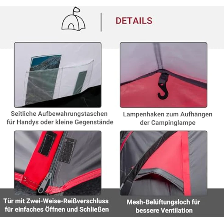 Outsunny Campingzelt für 2-3 Personen stabil wasserdicht Familienzelt mit Seitentür Fenster Packtasche, Zelt mit 2000mm Wassersäule Tunnelzelt Kuppelzelt für Camping Reise Trekking Garten, Dunkelgrau – Bild 4