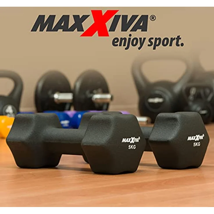 MAXXIVA Hantelset schwarz Neopren 2 x 5 kg Gymnastikhanteln Kurzhanteln Krafttraining Workout Kraftübungen Bodybuilding Fitness-Zubehör Gewichtheben Reha Pilates – Bild 5