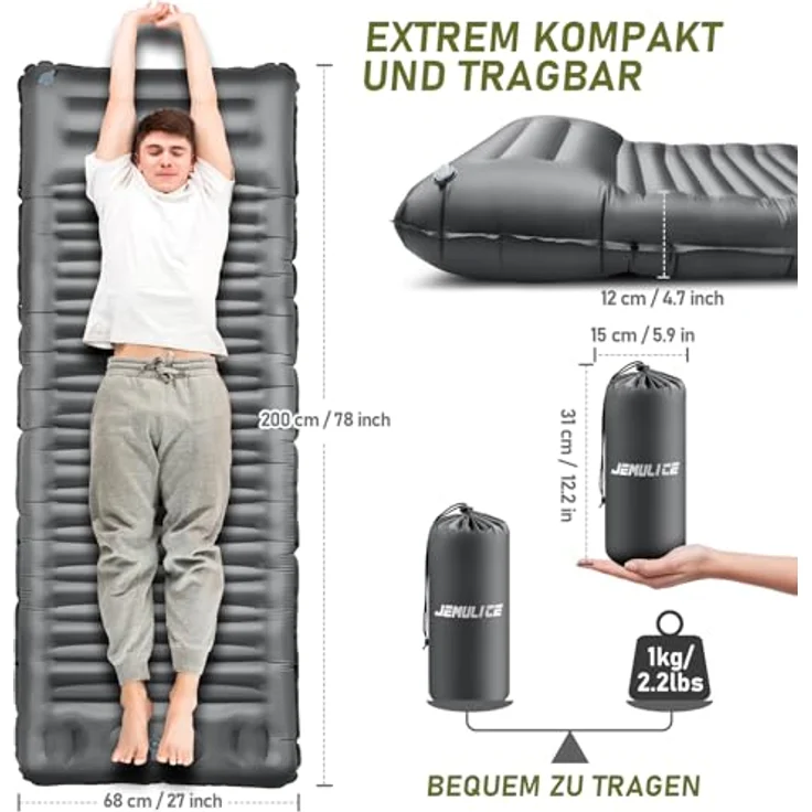 JEMULICE Isomatte Camping, 12CM ultradicke aufblasbare Luftmatratze mit Fußpumpe, ultraleicht und wasserdicht - Grau – Bild 3