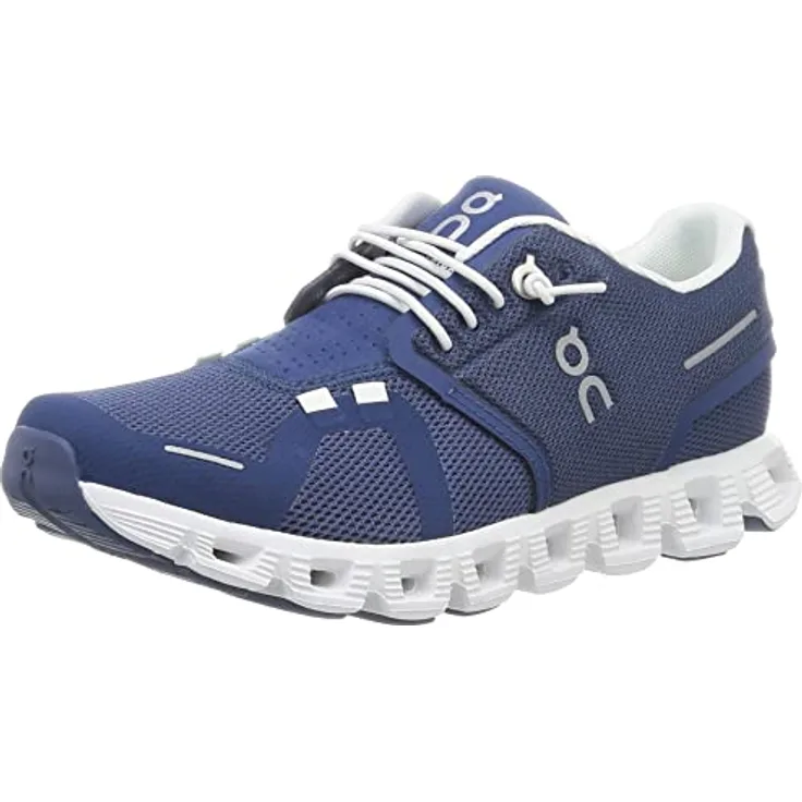 ON Cloud 5 Denim, Laufschuhe für Damen mit gutem Halt, Synthetik-Obermaterial, weiß