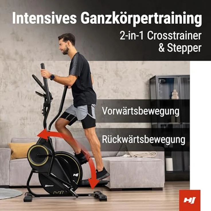 Hop-Sport Cross Stepper für zuhause HS-450B Dynamic - 2-in-1 Crosstrainer und Stepper mit Trainingscomputer - Schwarz Gold – Bild 3