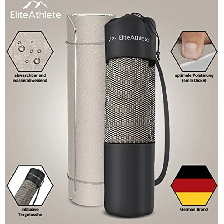 EliteAthlete Yogamatte - Sportmatte - Fitnessmatte - Gymnastikmatte gepolstert & rutschfest für Fitness, Pilates - Yoga Matte - 183 cm x 61 cm x 0.6 cm - Trainingsmatte inkl. Transportgurt + Tasche – Bild 2