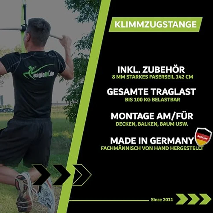 eaglefit - Premium Klimmzugstange (Holz) nur mit Seil für Outdoor & Zuhause (wetterfest, 60 cm) Klimmzug Stange ergonomisch gebogen für Deckenmontage - Pull-Up Bar für frei hängende Klimmzüge – Bild 2