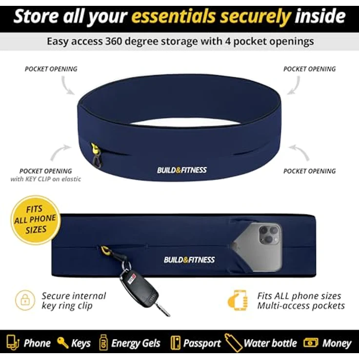 Build & Fitness Laufgürtel, Flip-Taille Gürteltasche mit Schlüsselclip und Handyhalterung, leicht und komfortabel, passend für alle Samsung- und iPhone-Modelle, Unisex – Bild 3