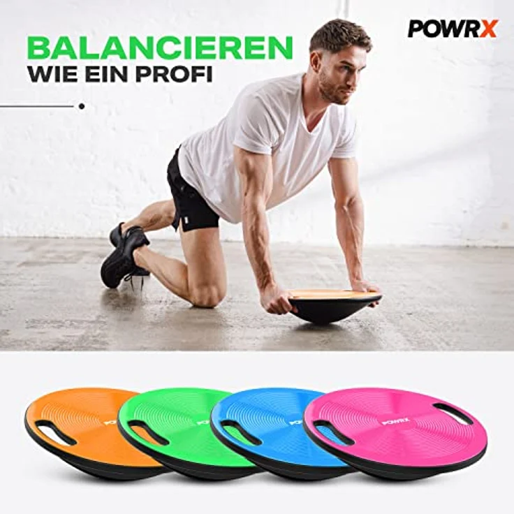 POWRX Balance Board inkl. Workout I Wackelbrett Ø 40cm mit Griffen I Therapiekreisel für propriozeptives Training und Physiotherapie versch. Farben Grün - Preisvergleich – Bild 5