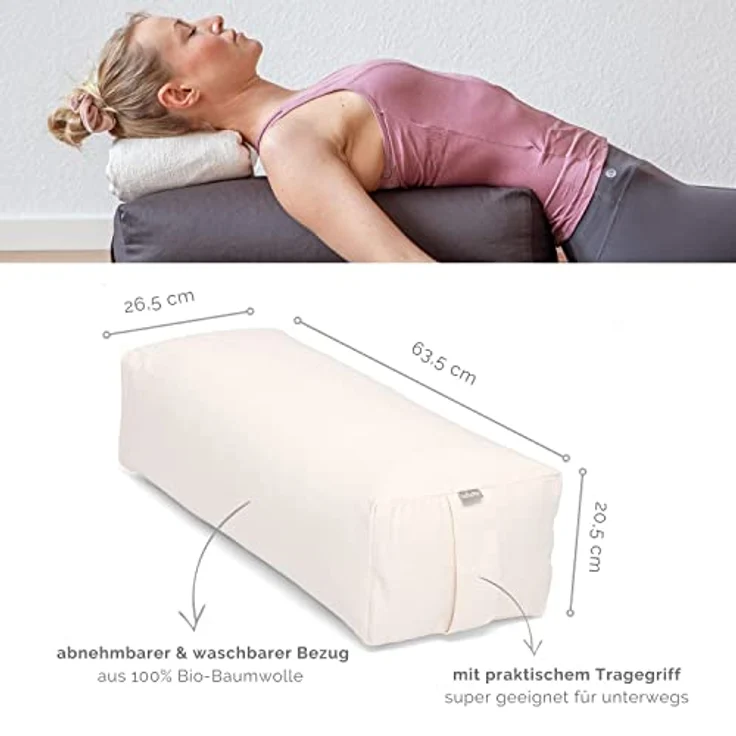 Bodhi Yoga Salamba Bolster Eco | Waschbarer Bezug aus 100% Bio-Baumwolle | Yogarolle eckig mit Bio Dinkelfüllung | Yogakissen groß für Restoratives Yoga | Maße: 63,5 x 26,5 x 20,5 cm (Natur) – Bild 3
