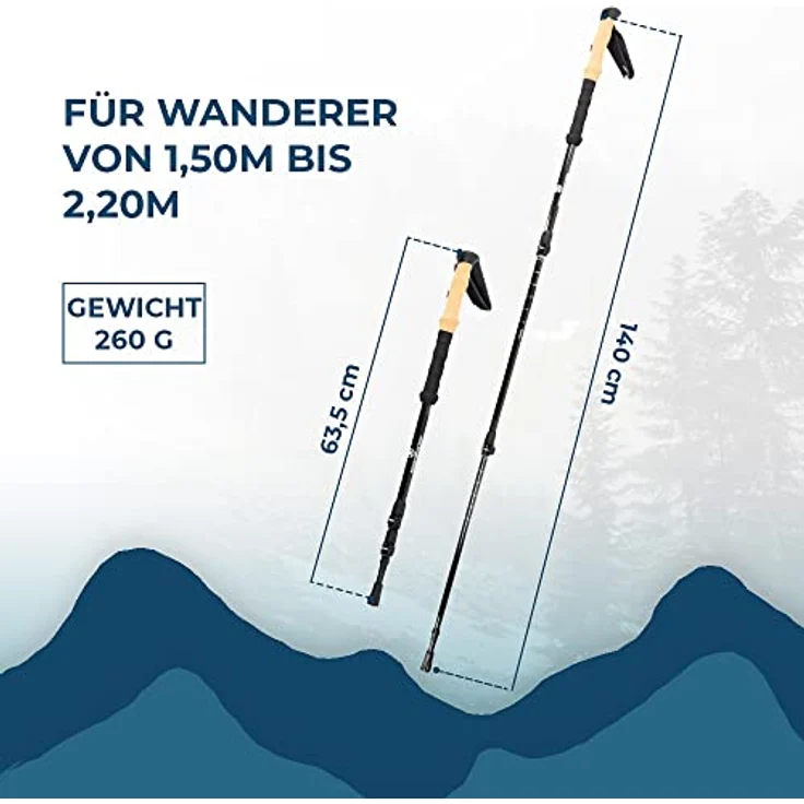 Sportisfaction Carbon Wanderstöcke, Teleskopverstellung 63-140 cm, Korkgriff, ultraleicht 260g, inkl. 5 austauschbare Aufsätze – Bild 3
