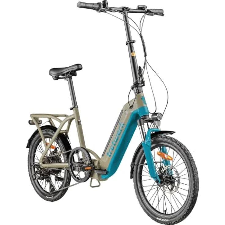 Tretwerk Camper E-Bike Klapprad 20 Zoll, 468 Wh Pedelec für Damen und Herren, beige/türkis – Bild 1