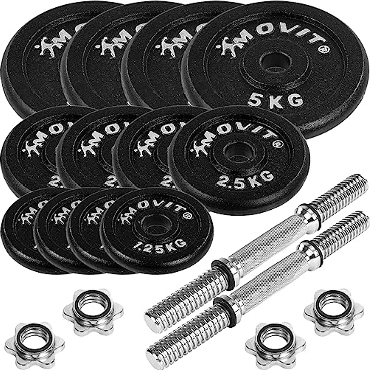 MOVIT® Kurzhantel PRO Set, Gusseisen Hantel, 2x 20kg, Stange 30mm Standardnorm, Griff gerändelt, Sternverschlüsse, Hantel Set Kurzhantelset Gewichte – Bild 2