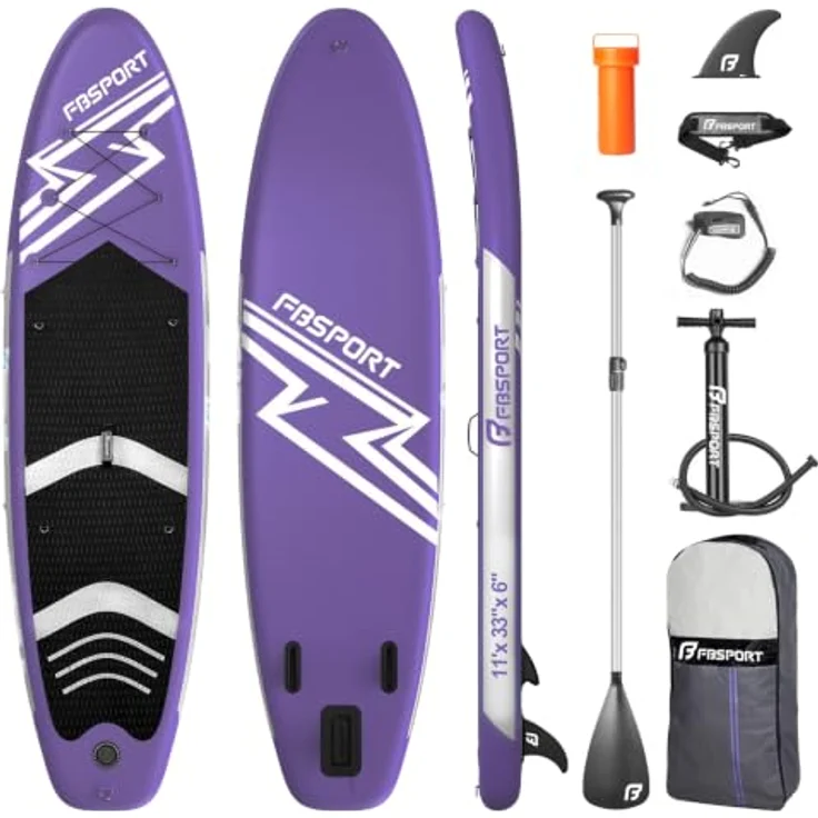 FBSPORT Aufblasbares SUP Board, 15CM dickes Stand Up Paddling Board mit verstellbarem Aluminium SUP Paddel und Pumpe, lila – Bild 1