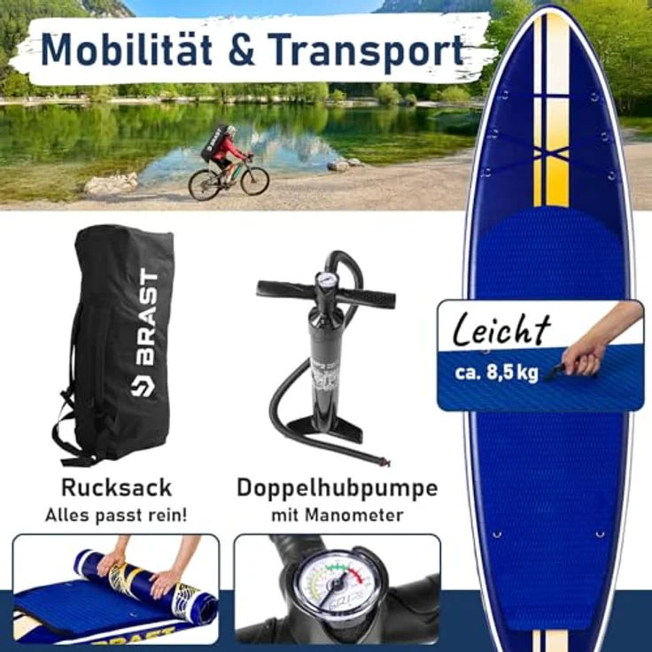 BRAST SUP Board Shark, Aufblasbares Stand up Paddle Set 320x81x15 cm, 200 kg Tragkraft, inkl. 2in1 Paddel, Kajaksitz, Action-Cam-Halterung, 5 Jahre Garantie, 8 Designs – Bild 4