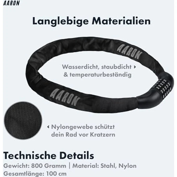 AARON Lock One Fahrradschloss, 5-stelliger Zahlencode Kettenschloss aus gehärtetem Stahl, hohe Sicherheitsstufe, 100 cm lang, schwarz – Bild 3
