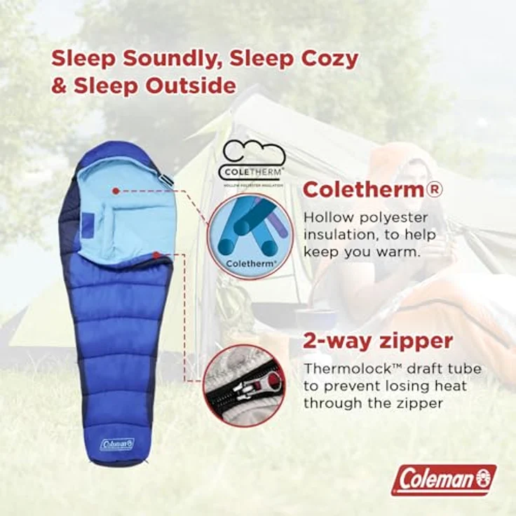 Coleman Mumien-Schlafsack, 208 cm, Kunstfaser mit Coletherm-Füllung, Komforttemperatur 9°C, schnell trocknend, innenliegende Tasche – Bild 3