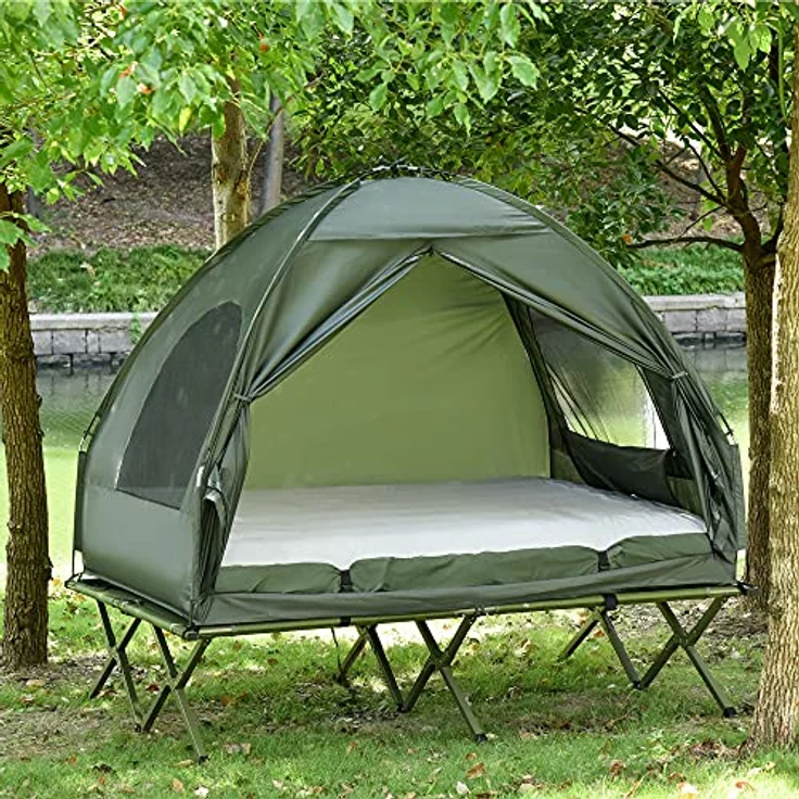 Outsunny Erhöhtes Campingbett und Zelt, Feldbett, Kuppelzelt mit Luftmatratze und Pumpe, TAFT, Grün, 193 x 136 x 178 cm – Bild 2