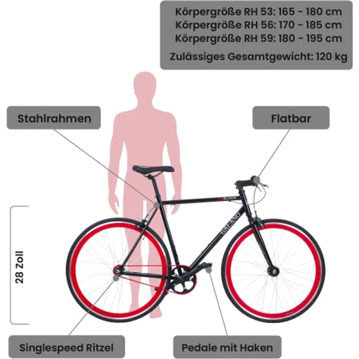 Galano Blade 28 Zoll Fixie Singlespeed Bike, Rennrad für Damen und Herren, schwarz/rot - Preisvergleich – Bild 2