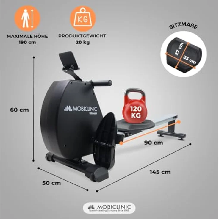 Mobiclinic® RowFit Rudergerät, 8 Widerstandsstufen, geräuschlos, LCD-Monitor, Handy-Ständer, Bis zu 120 kg, 6kg Schwungrad, Home Gym – Bild 2