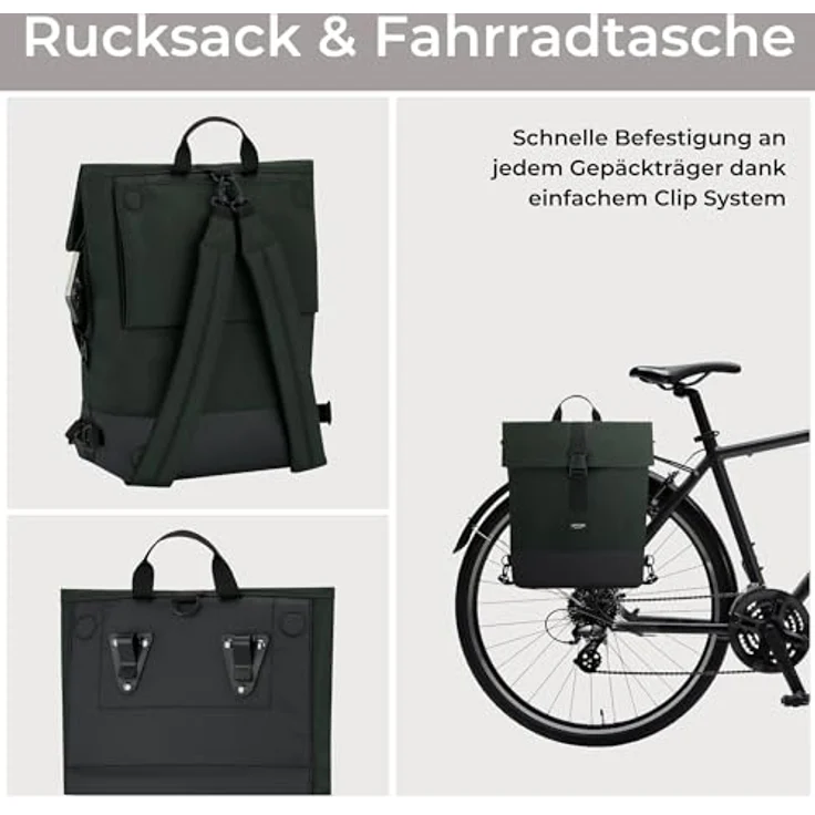 LARKSON Tammo Bike Fahrradtaschen für Gepäckträger, 2-in-1 Rucksack & Gepäckträgertasche, Dunkelgrün, wasserabweisend, 14-19 Liter Volumen, gepolstertes Laptopfach bis 15.6 Zoll – Bild 3