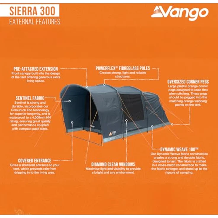 Vango Sierra 300, Familienzelt für 3 Personen mit großem Vorraum und 1,9 m Stehhöhe, wasserdicht 4000 mm, optimierte Ventilation, inkl. Tragetasche und Zubehör – Bild 3