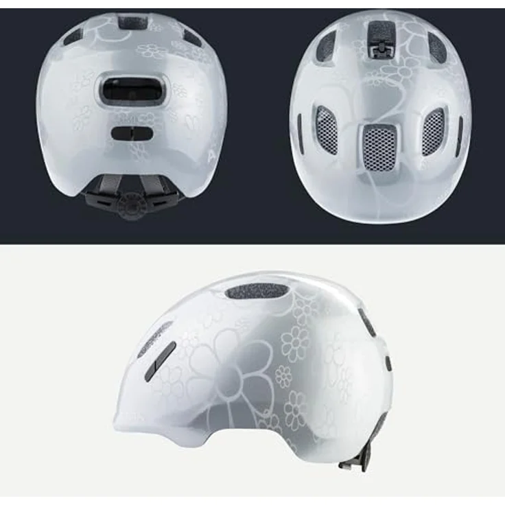ALPINA Ximo, leichter und bruchfester Kinderfahrradhelm mit optionalem LED-Licht, Silver Flower Gloss, 47-51, 360°-Fitsystem, hohe Sichtbarkeit – Bild 4