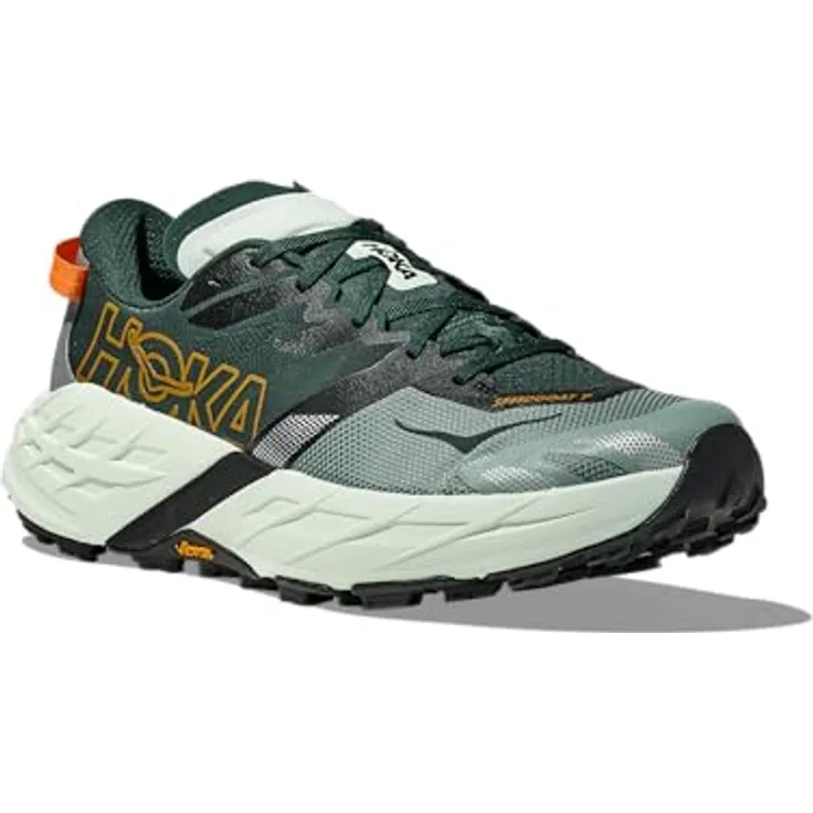 HOKA Speedgoat 7 Herren Trailrunning Schuhe, grün, EU 46 2/3, optimaler Grip, reaktive Dämpfung, Vibram®-Megagrip-Laufsohle, leichtes, atmungsaktives Obermaterial