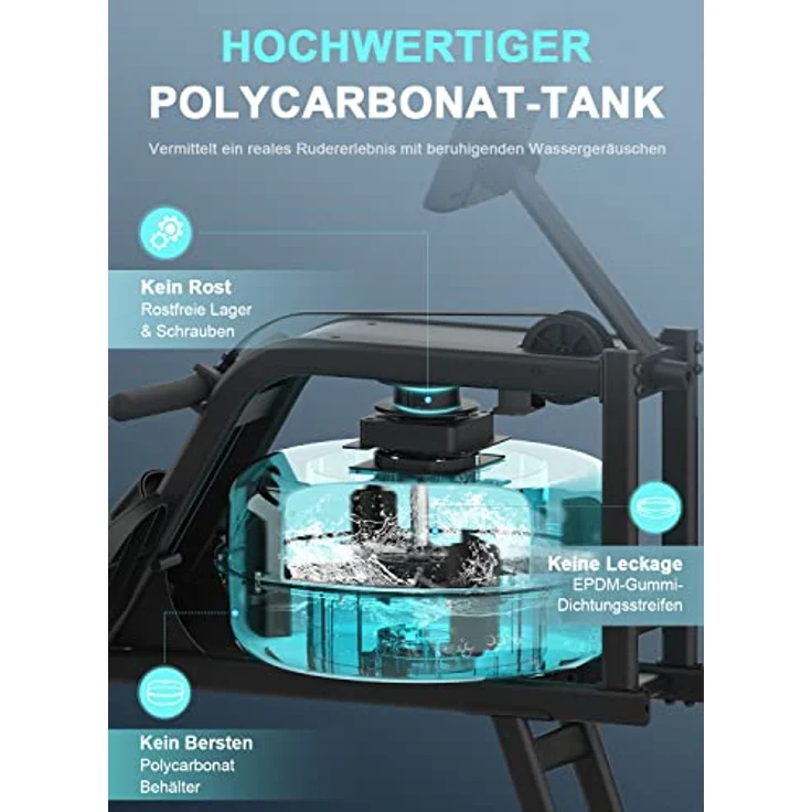 Neezee Rudergerät für zuhause, Rudergerät Wasser mit Edelstahlschiene, Rudergerät mit Tabletständer, Wasserwiderstand und LCD Display Rudermaschine – Bild 2