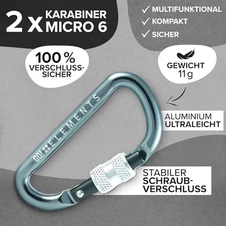 GO!elements Mini Karabiner Micro 6, Multifunktionaler Schraubverschluss-Karabiner im 2er Pack, salzwasserbeständig, Farbe: Storm – Bild 3