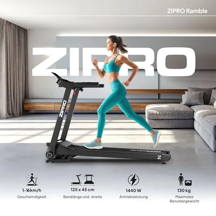 ZIPRO Ramble Laufband Klappbar, 1,98 PS Motor, 1-16 km/h, 12 Steigungsstufen, LED-Display, App-kompatibel, Dämpfungssystem für Zuhause – Bild 2