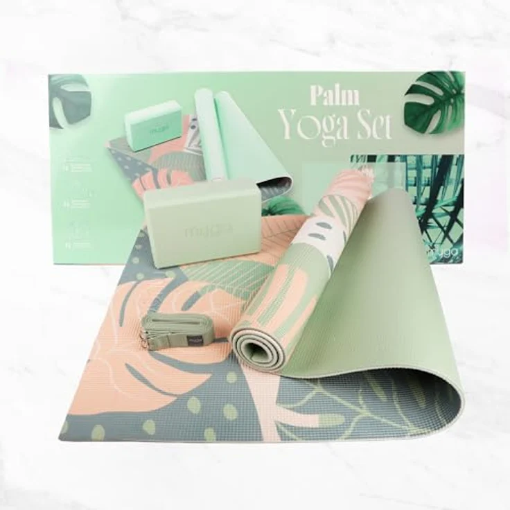 Myga Yoga Starter Kit, Komplettes Set mit rutschfester Yogamatte, Yogablock & Gurt, ideal für Anfänger, Palmen Design – Bild 2
