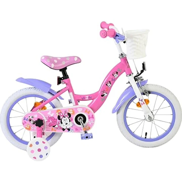 Volare Disney Minnie Kinderfahrrad, 14 Zoll, rosa, mit Korb, Hand- und Rücktrittbremse, abnehmbare Stützräder – Bild 2