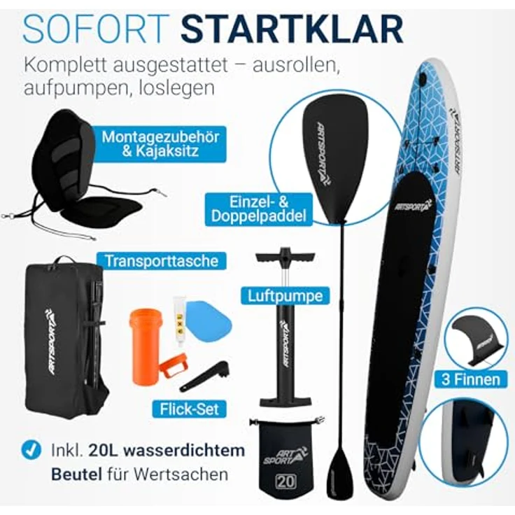 ARTSPORT® Stand Up Paddling Board Set Deep Ocean, aufblasbar 320 cm mit Kajaksitz, Action-Cam Halterung & Zubehör, 150 kg Tragkraft – Bild 2