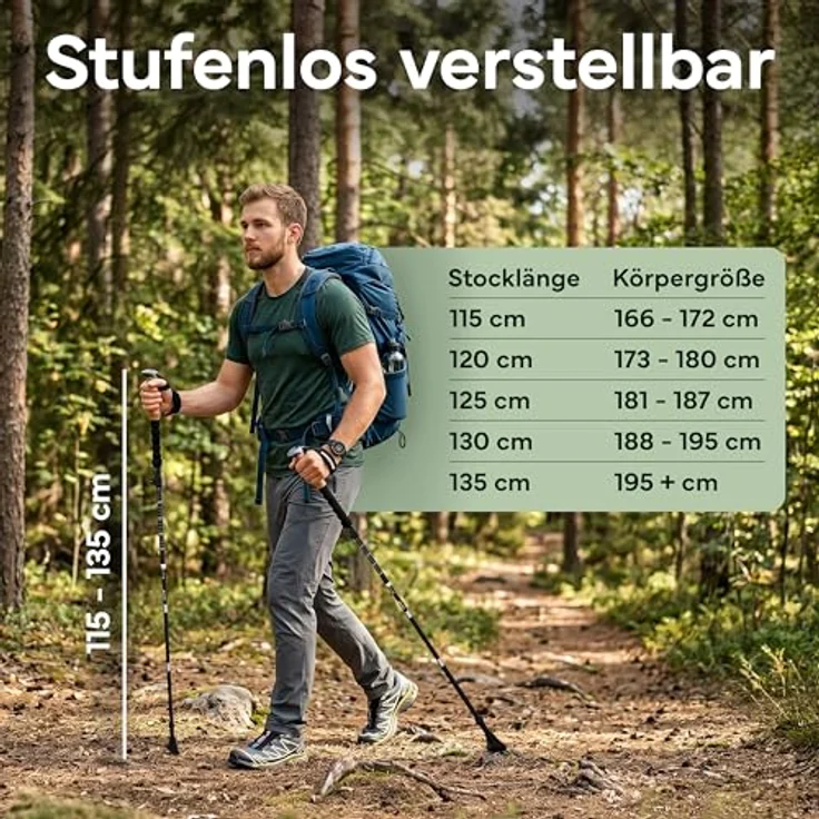 NEOLYMP Faltbare Wanderstöcke aus Carbon & Aluminium, ultraleichte Trekkingstöcke mit Korkgriff, Wolframspitze und Gummipuffer, verstellbar 115-135 cm – Bild 5