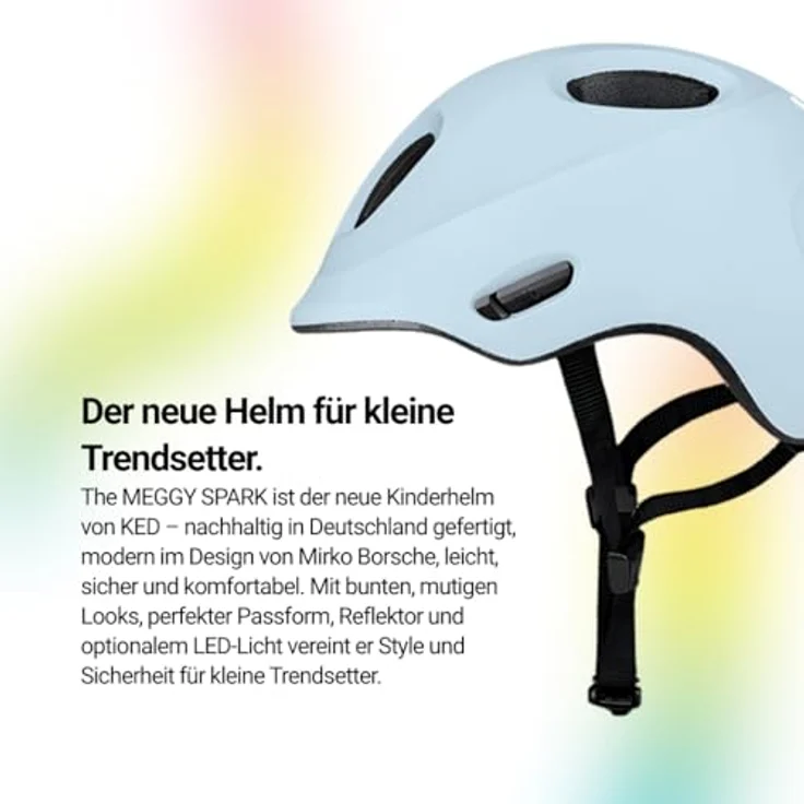 KED Meggy Spark Kinderfahrradhelm, Inmold, 360° Verstellsystem, Reflektoren, Insektenschutznetz, Farbe: Dusty Sky Matt, Größe: 45-50 (S) – Bild 5