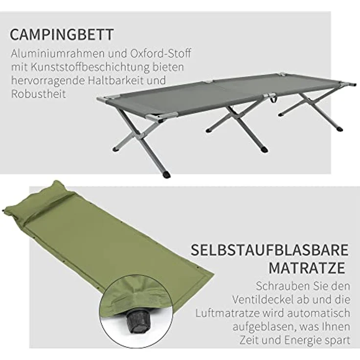 Outsunny Campingbett mit Zelt, erhöhtes Feldbett für 1 Person, Kuppelzelt mit selbstaufblasbarer Matratze und Tragetasche, grau, 200 x 86 x 147 cm – Bild 5
