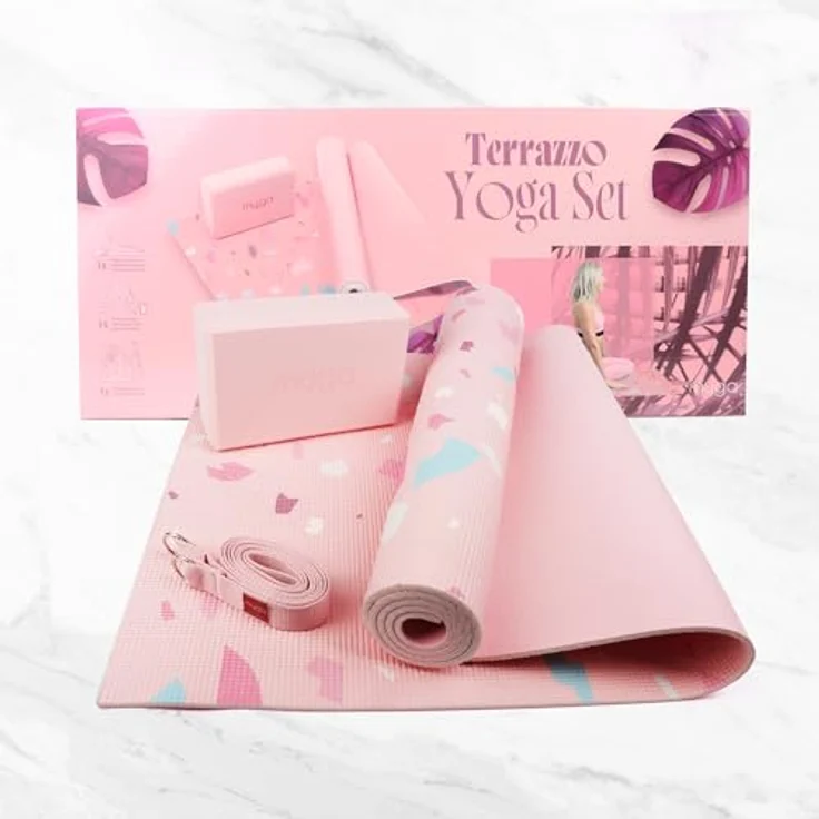 Myga Yoga Starter Kit, Komplettes Set mit rutschfester Yogamatte (6 mm), Yogablock & Gurt, Rosa Terrazo Design, Ideal für Anfänger & Reisen – Bild 2
