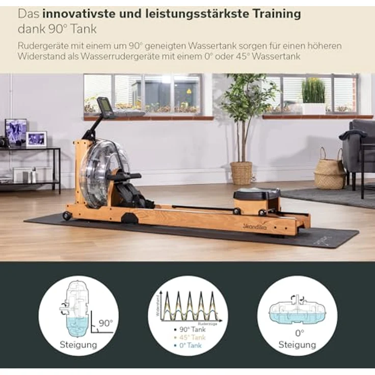 Skandika Wasserrudergerät Lykke | 90° Tank, Holz Rudergerät für Zuhause, Kinomap App kompatibel, massives Buchenholz, Wasser | Holzrudergerät mit Wasserwiderstand (helles Holz) – Bild 3