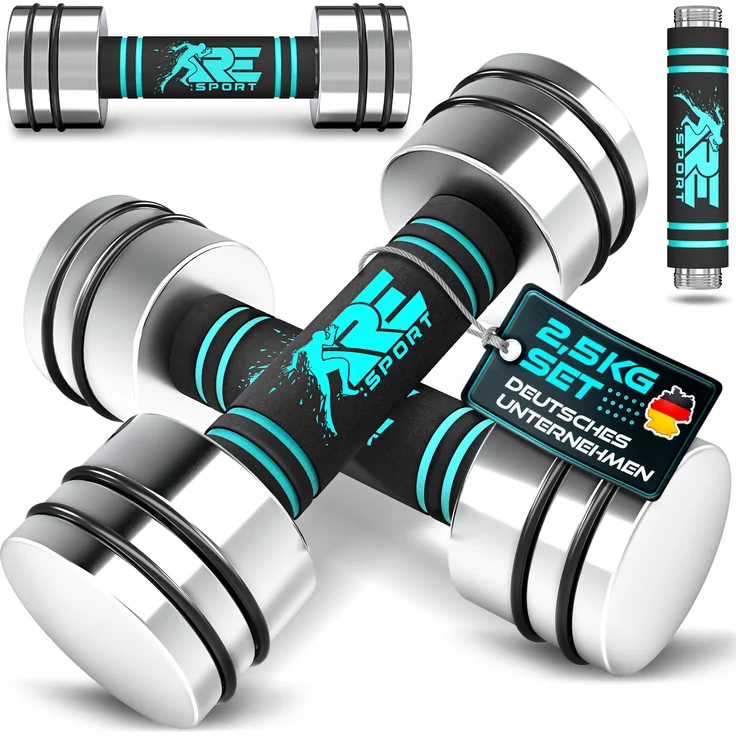 RE:SPORT® 2er Hanteln Set, massive Stahlkurzhanteln in Türkis 2 x 2,5kg mit Schaumstoffgriff für Fitness und Krafttraining