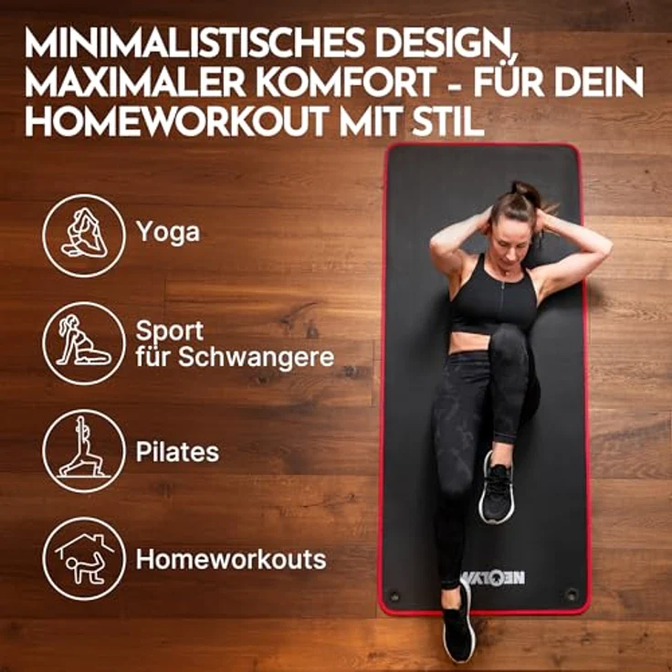 NEOLYMP Fitnessmatte extra dick, rutschfest mit Aufhänge-Ösen, Tragegurt & E-Book – Yogamatte und Pilates Matte (Schwarz-Rot, 183 × 80 cm) – Bild 5