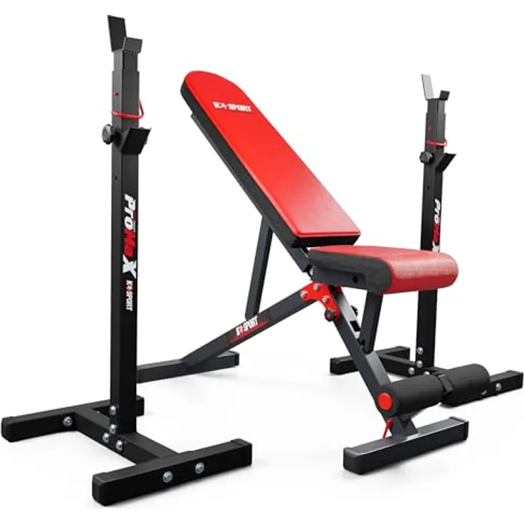 K-Sport Trainingsset: Langhantelablage bis 180kg mit verstellbarer Hantelbank, Squat-Rack, Flachbank mit Beincurler, inkl. E-Book