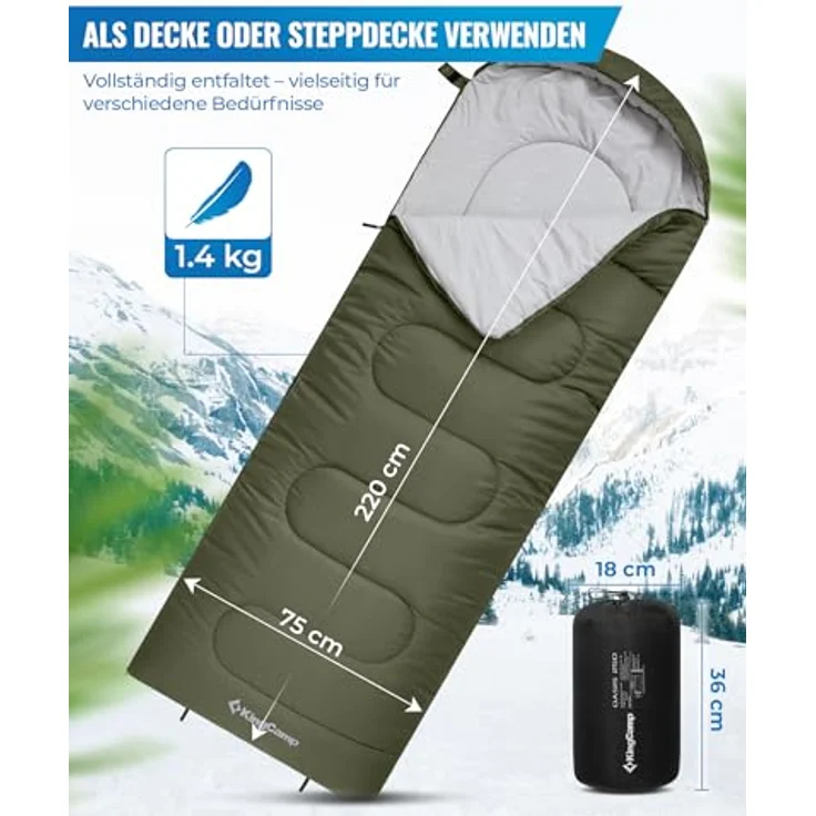 KingCamp Schlafsack Deckenschlafsack 3-4 Jahreszeiten für Erwachsene und Kinder, ultraleicht, warm, waschbar, Olive R Zip, 220×75 cm – Bild 2