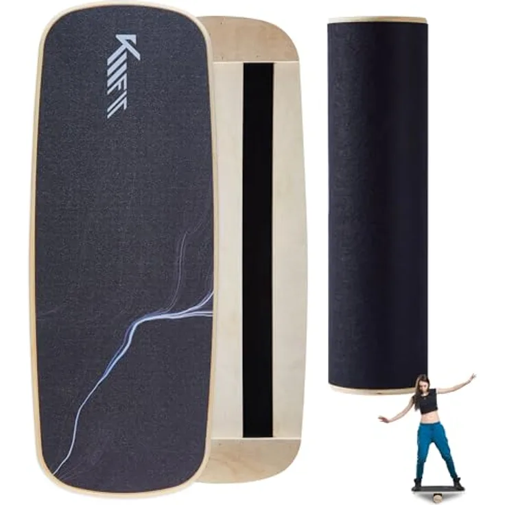 KM-Fit Balance Board | Balancebrett aus Holz | Indoor Skateboard Indoorboard | Surfboard, Surfbrett für Koordinationstraining | Kraft- & Gleichgewichtstrainer | Indoor-Surfen & Skaten