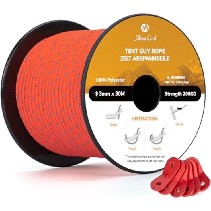Abma Cord Abspannseile Zeltschnur, 30m mit 6 Seilspannern, 3mm Durchmesser, reflektierende Neon Orange, 200kg Bruchlast, UV-beständig, für Zelte und Camping – Bild 1