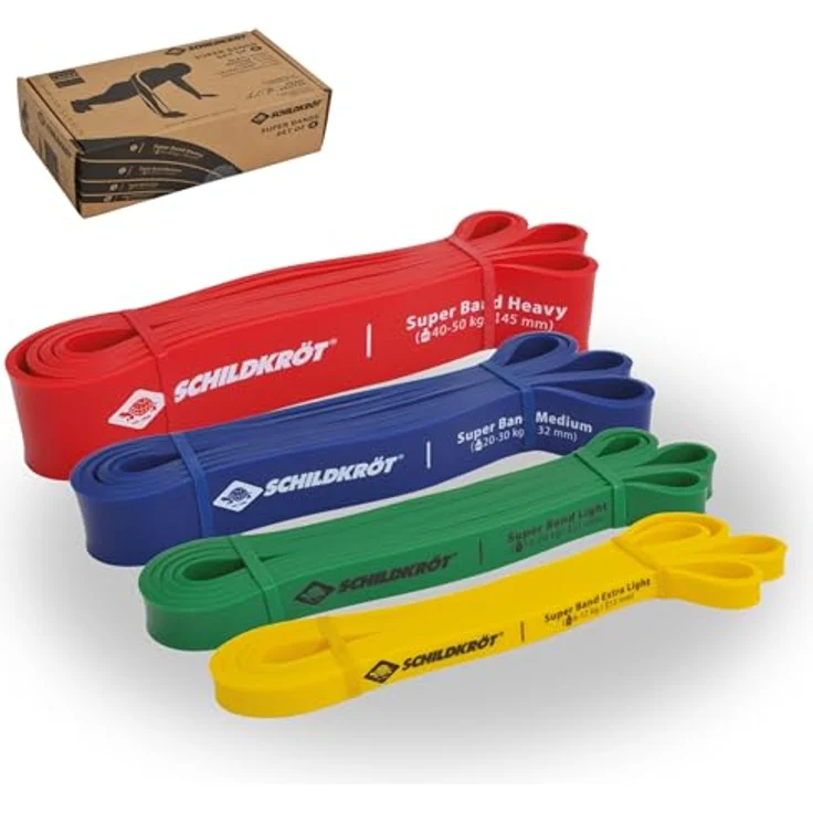 Schildkröt® Super Band 4er Set, Premium Widerstandsbänder in Gelb, Grün, Blau und Rot mit 4 verschiedenen Widerstandsgraden für flexibles Training für zu Hause und unterwegs – Bild 1