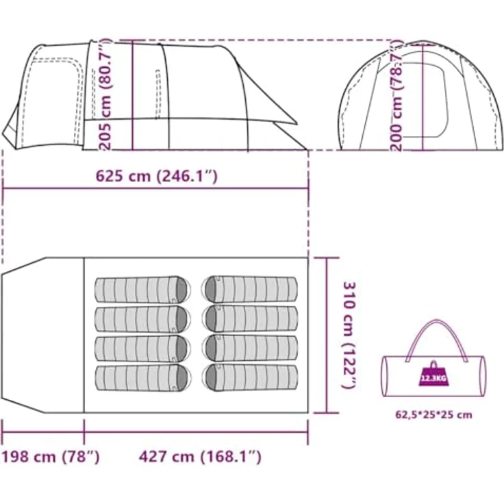 vidaXL Tunnel Familienzelt 8 Personen, wasserdichtes Campingzelt mit Steckverbindungssystem und E-Anschluss, blau, 185T Polyester – Bild 3