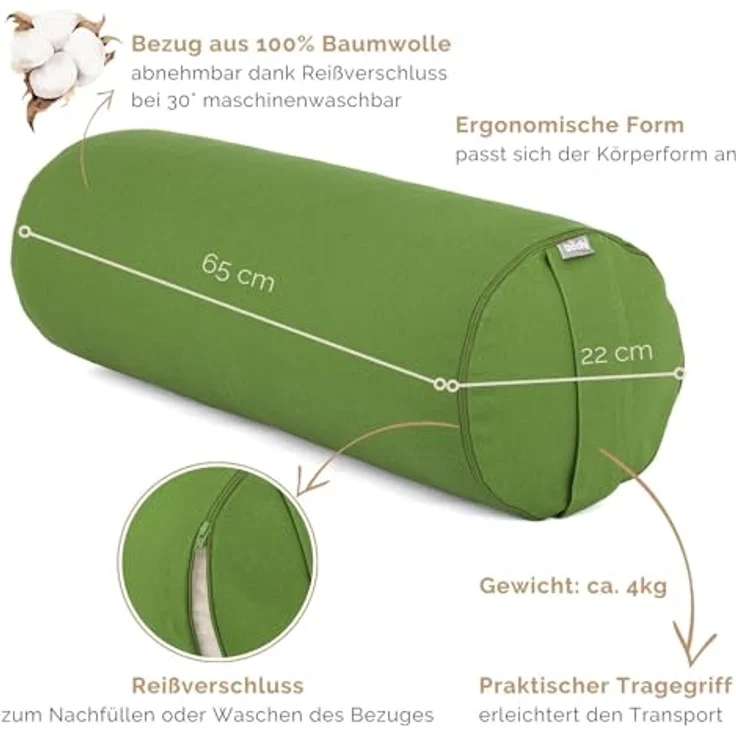 Bodhi Yoga Bolster Rolle Ø 22 cm | Yogarolle mit Bio-Dinkelfüllung | Yogakissen für Restorative & Yin Yoga | Waschbarer Bezug aus Baumwolle | Pilates Kissen mit Trageschlaufe (Olive-grün) – Bild 3