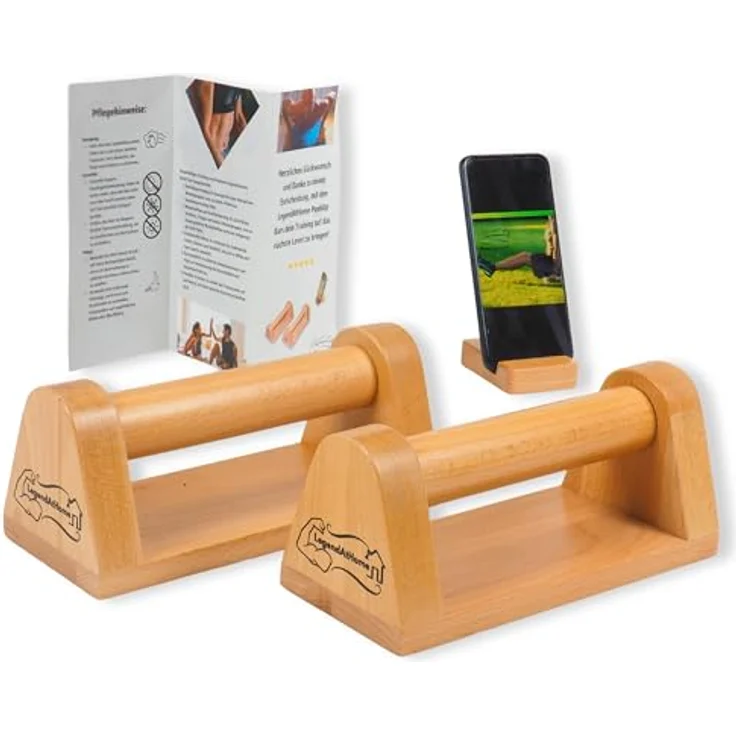 LegendAtHome Liegestützgriffe - Parallettes für extra stabile und gelenkschonende Push Ups - Zuhause oder unterwegs - Dip Barren ideal für Calisthenics - Buchenholz - Telefonhalter inklusive – Bild 1