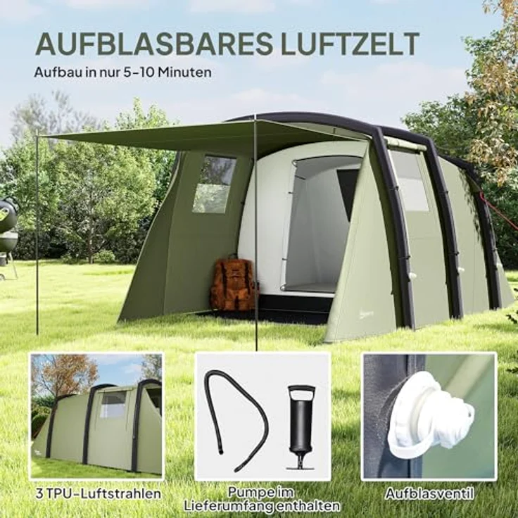 Outsunny Aufblasbares Zelt für 3-6 Personen, Outdoor Familienzelt mit UV50+ Schutz, schnellem Aufbau und Luftpumpe, winddicht für 3 Jahreszeiten – Bild 3
